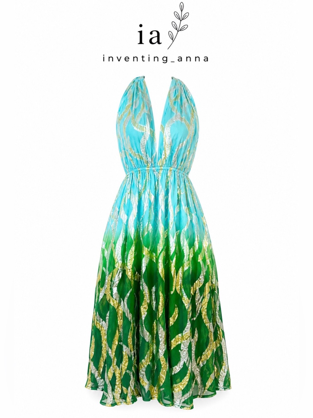Blue & Green Halter Dress w/Gold and Silver Metallic Accent Threading